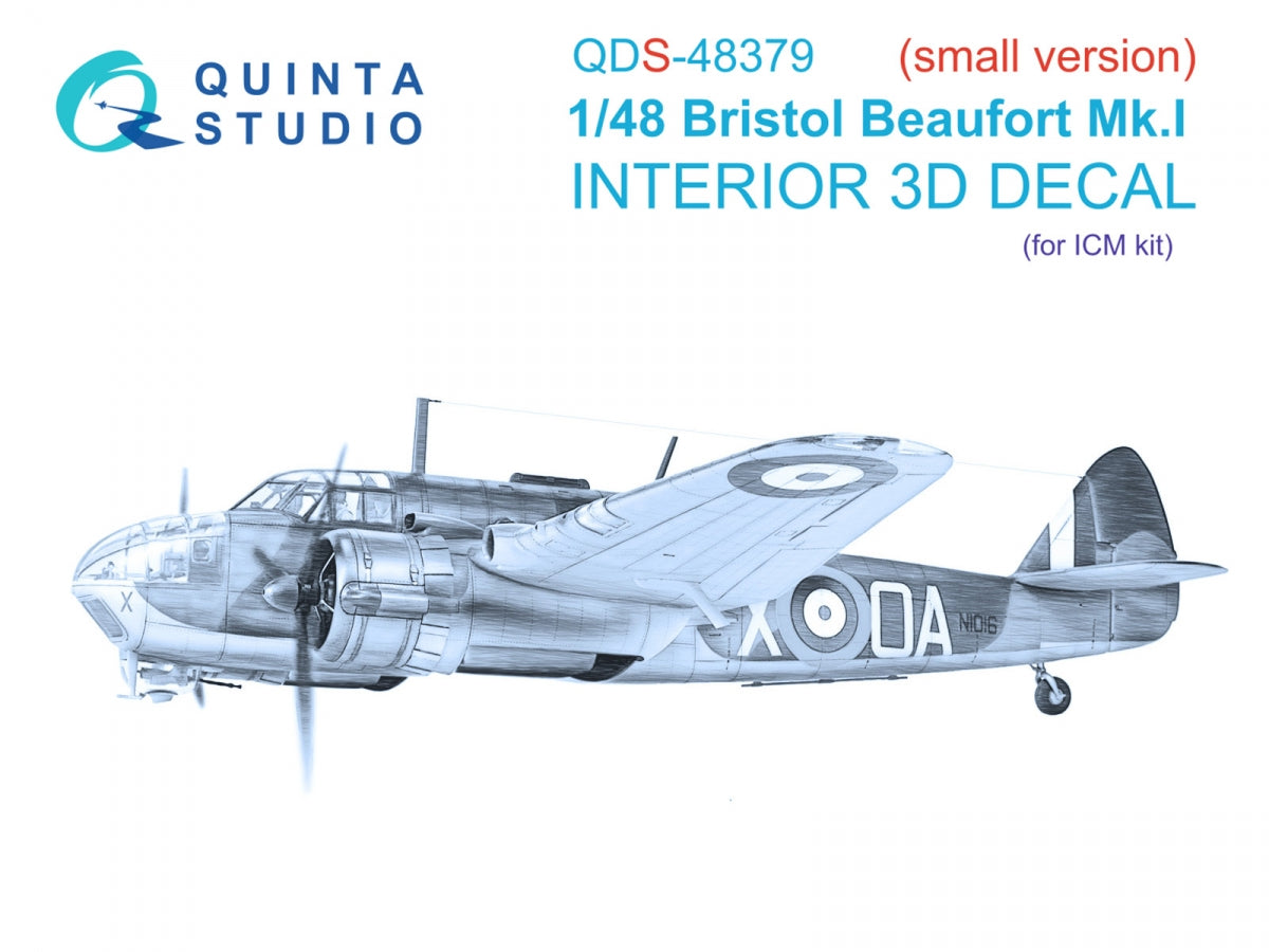 Intérieur imprimé en 3D et coloré sur papier décalcomanie (ICM) (Petite version) Quinta Studio QDS-48379 Bristol Beaufort Mk.I, échelle 1/48