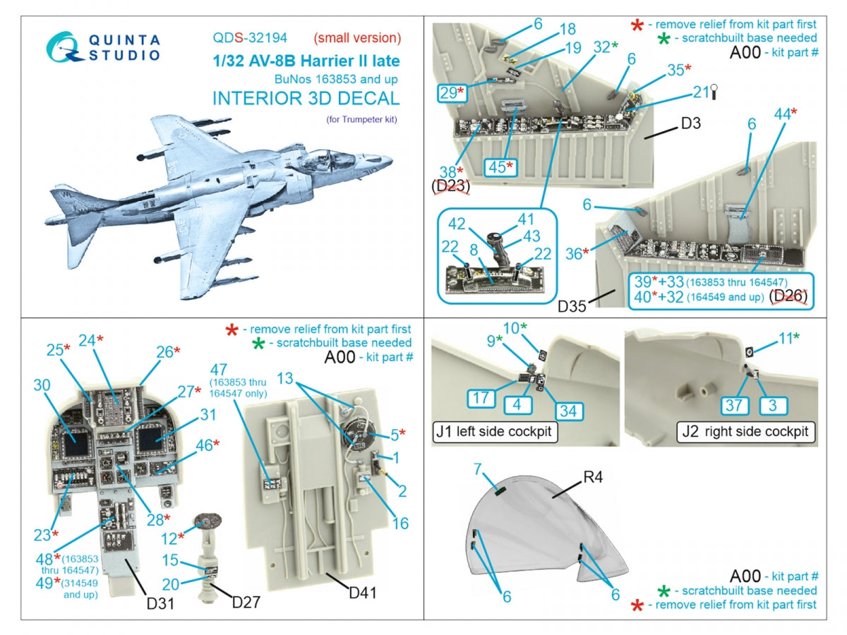 Quinta Studio QDS-32194 AV-8B Harrier II late 3D-Printed &amp;amp; coloured Interior on decal paper (Trumpeter) (small version) 1/32 – zdjęcie 2