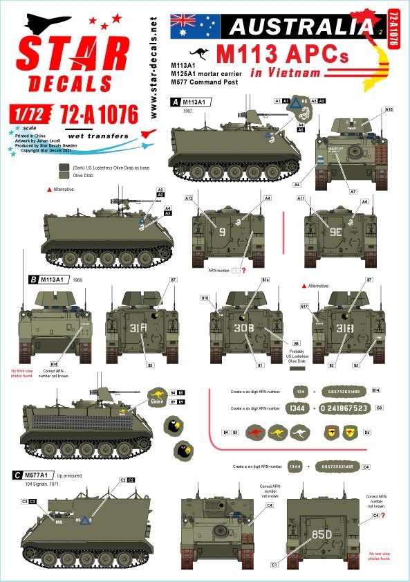 Star Decals 72-A1076 Australia in Vietnam #2. Aussie M113 APCs. M113A1, M125A1 and M577 1/72