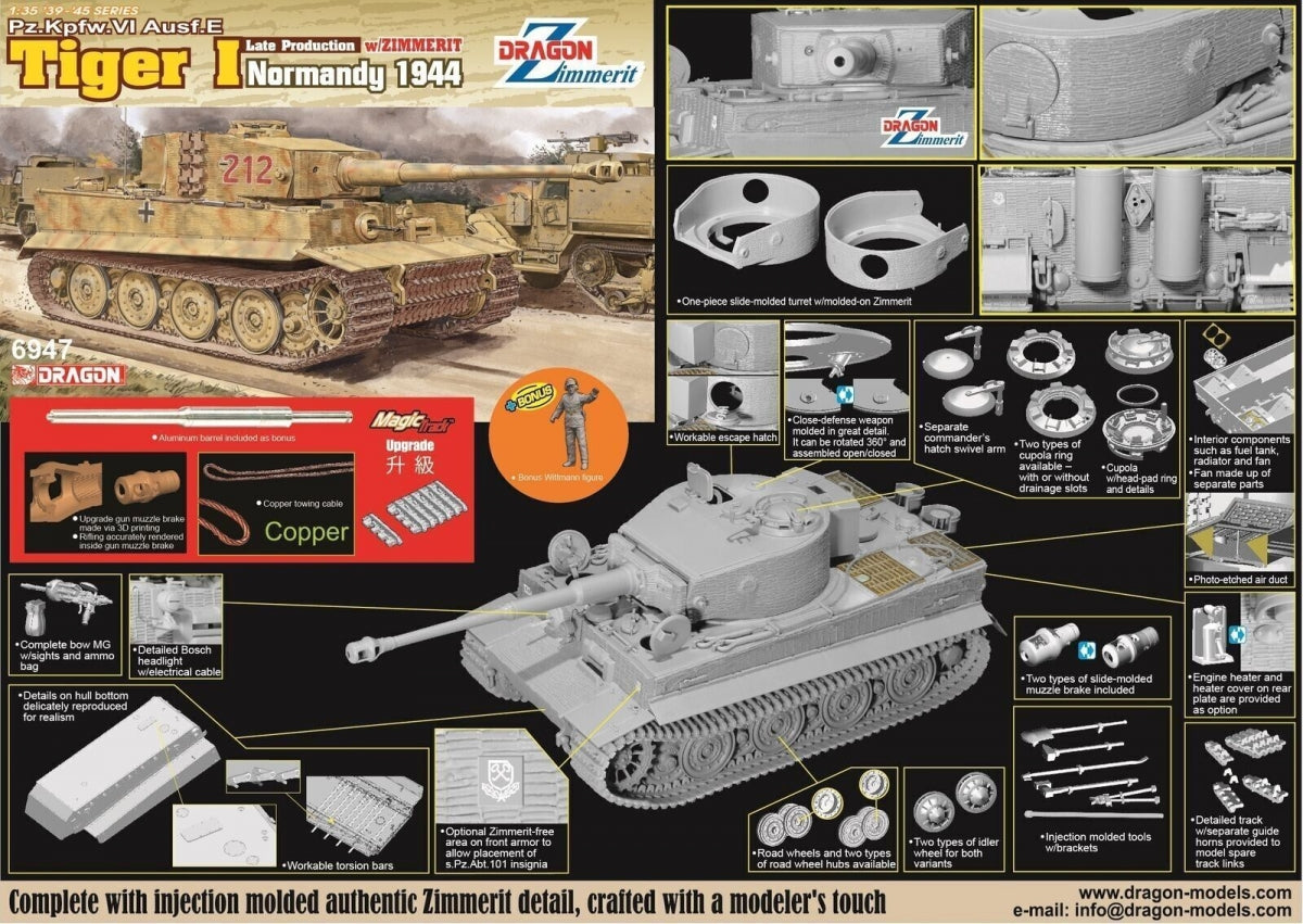 Dragon 6947 Pz.Kpfw.VI Ausf.E Tiger I Late Production w/Zimmerit (Normandy 1944) + Tiger Ace 1/35 – Bild 2