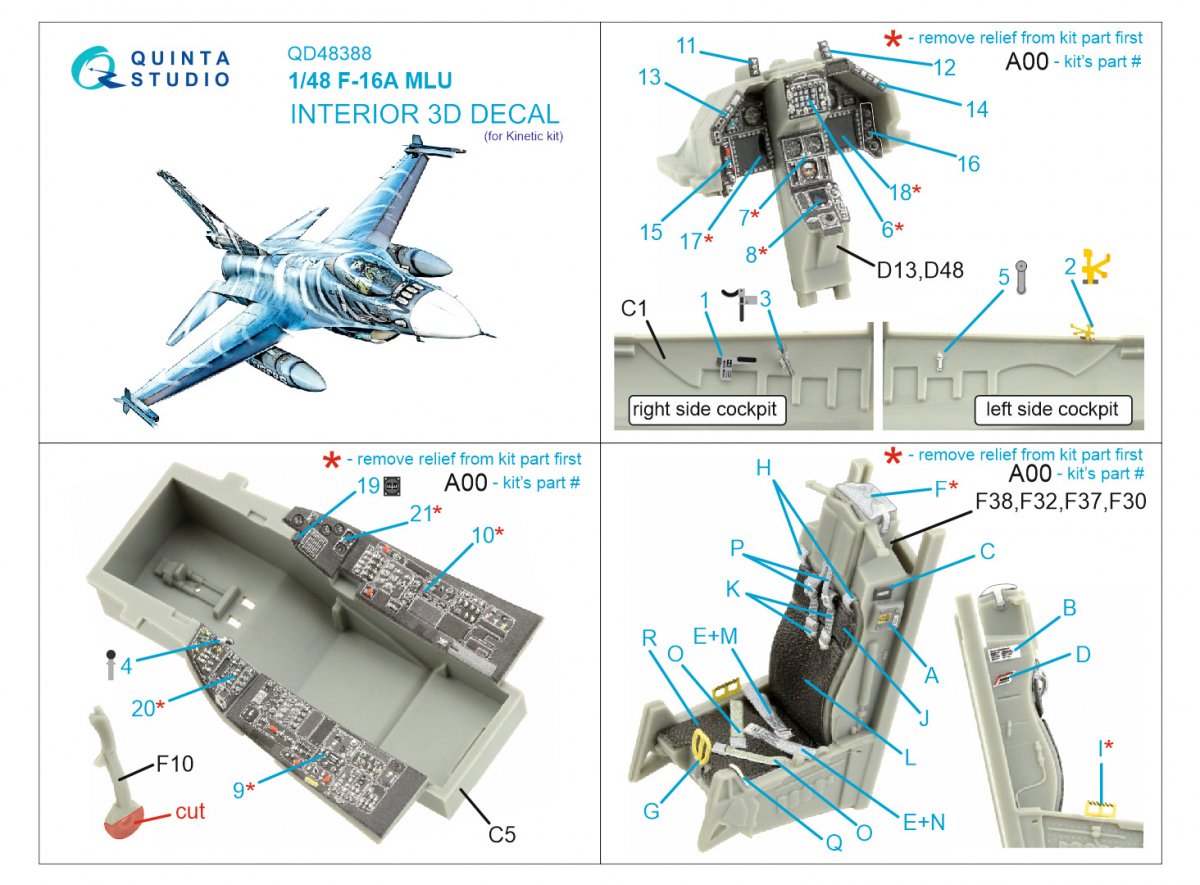 Quinta Studio QD48388 F-16A MLU 3D-Printed &amp;amp; coloured Interior on decal paper (Kinetic) 1/48 – immagine 2
