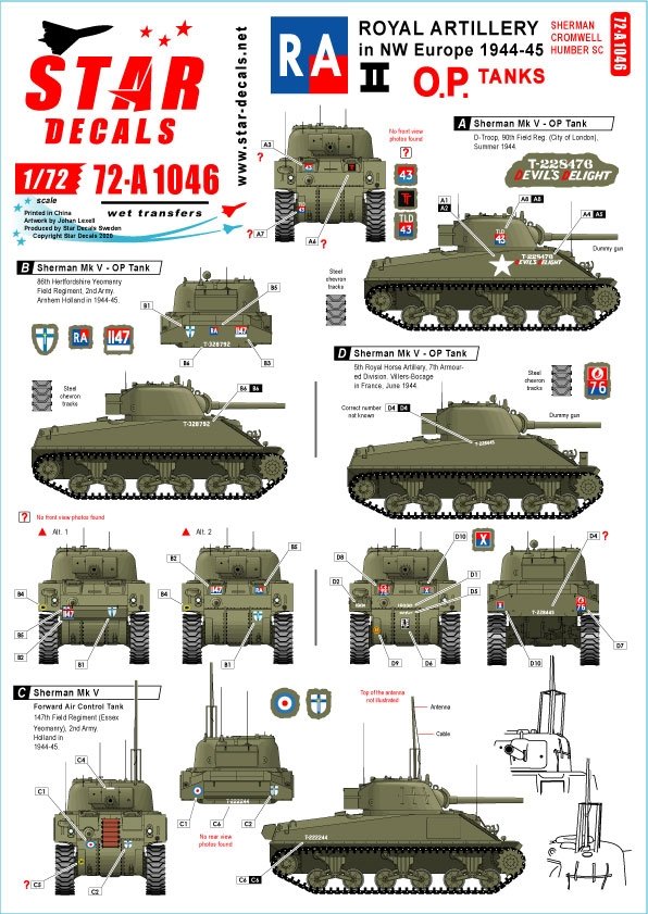 Star Decals 72-A1046 Artillerie royale n° 2. Spécial 75e anniversaire du Débarquement. Chars d&amp;#39;opérations - Sherman, Cromwell et Humber SC 1/72