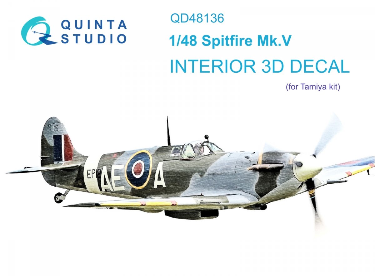 Quinta Studio QD48136 Spitfire Mk.V 3D-Printed &amp; colored Interior on decal paper (Tamiya) 1/48