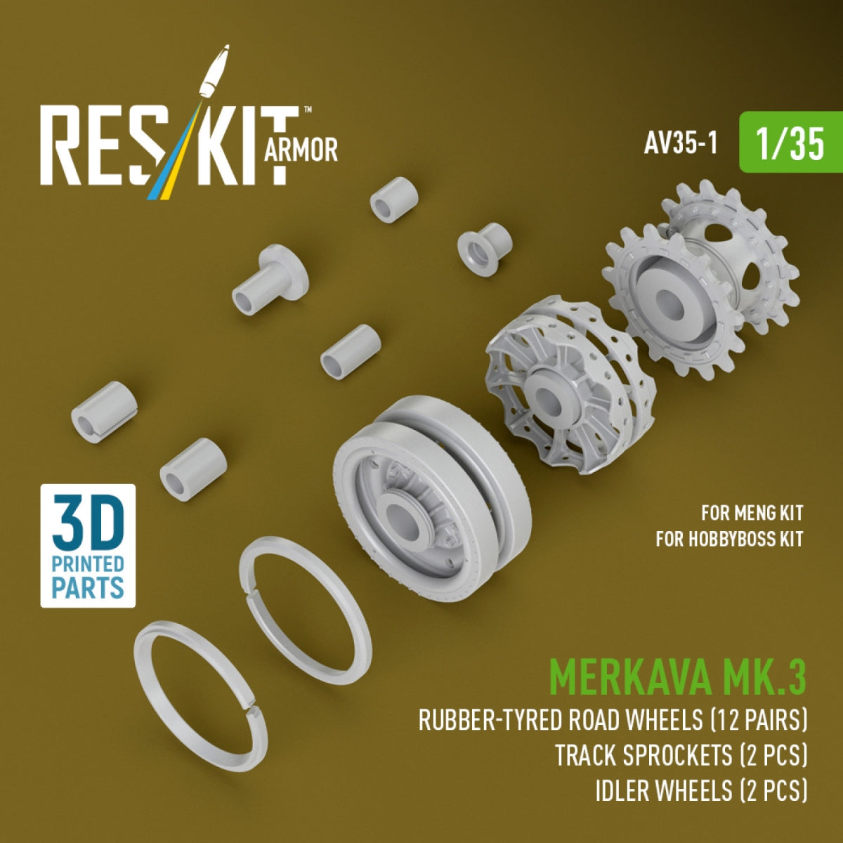 RESKIT AV35-0001 Merkava Mk.3 rubber-tyred road wheels (12 pairs), track sprockets (2 pcs), idler wheels (2 pcs) for Meng/HobbyBoss kit (3D Printed) 1/35