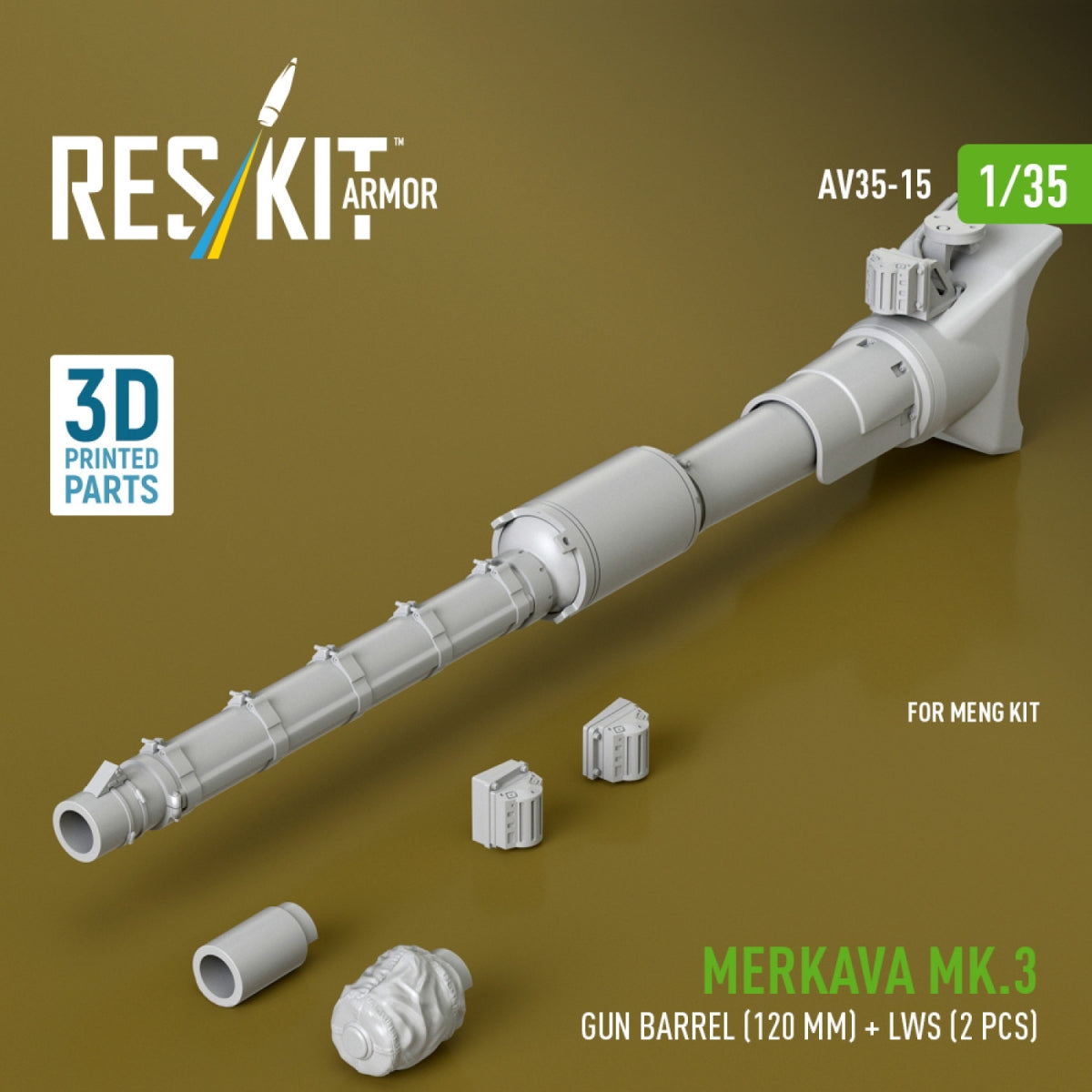 RESKIT AV35-0015 Merkava Mk.3 gun barrel (120 mm) + LWS (2 pcs) for Meng Kit (3D Printed) 1/35