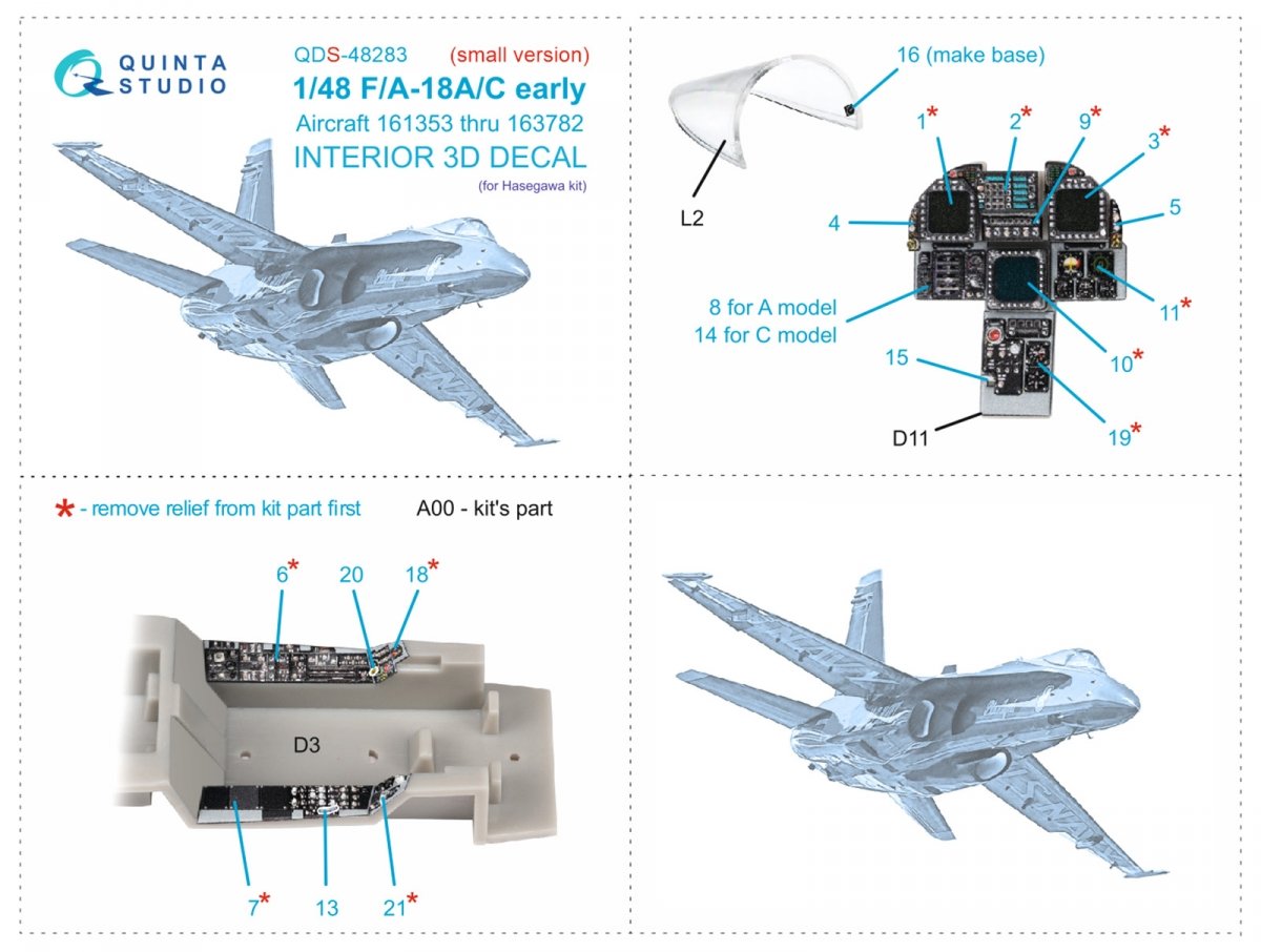 Quinta Studio QDS-48283 F/A-18A / C early 3D-Printed &amp;amp; coloured Interior on decal paper (Hasegawa) (Small version) 1/48 – immagine 9