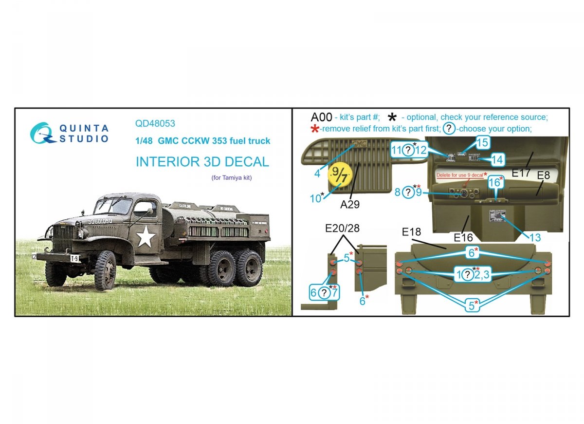 Quinta Studio QD48053 GMC CCKW 353 fuel truck 3D-Printed &amp;amp; coloured Interior on decal paper (Tamiya) 1/48 – Bild 9