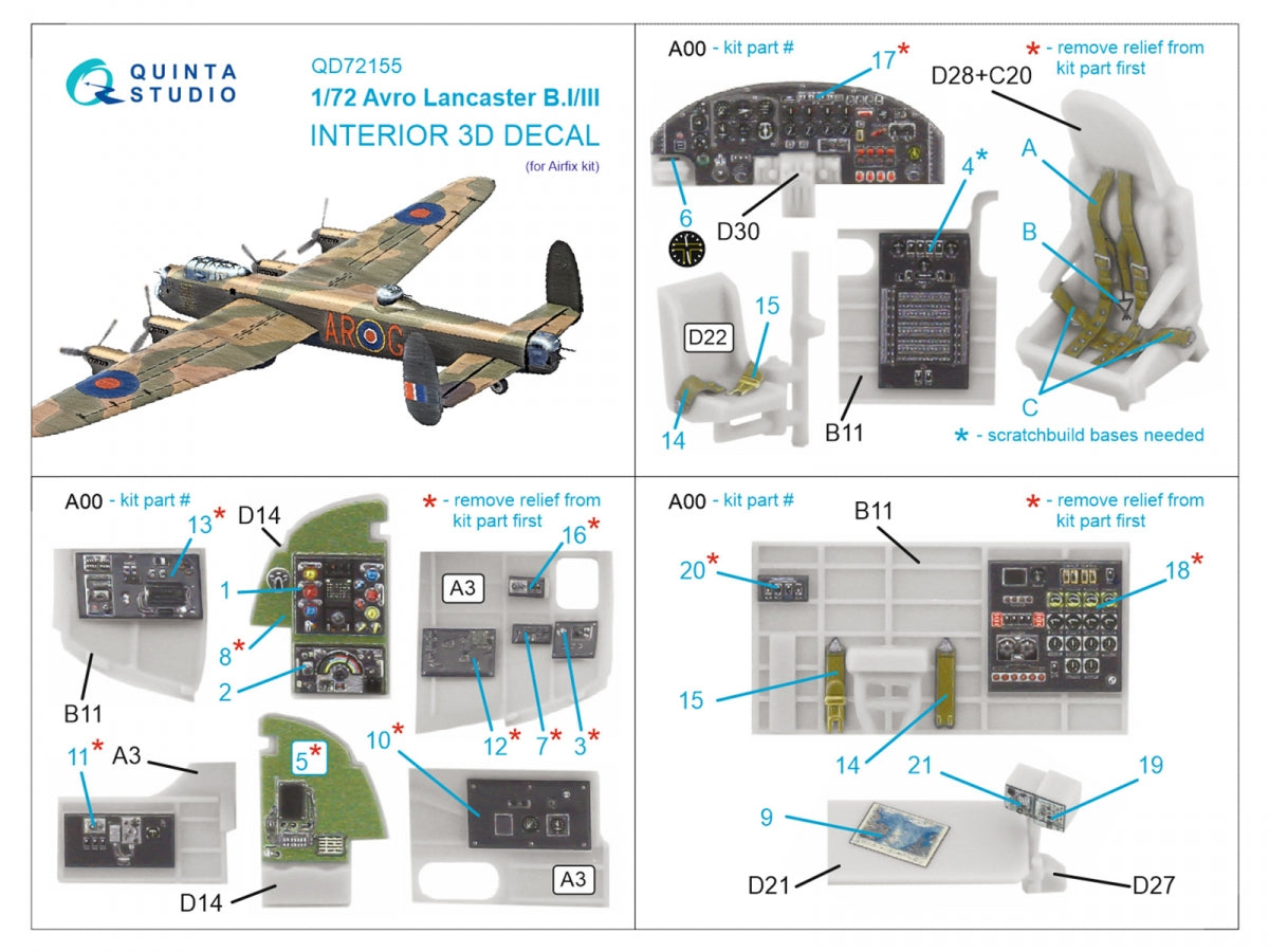 Intérieur coloré imprimé en 3D sur papier décalcomanie pour Avro Lancaster BI/III (Airfix) - Quinta Studio QD72155, échelle 1/72 – image 2