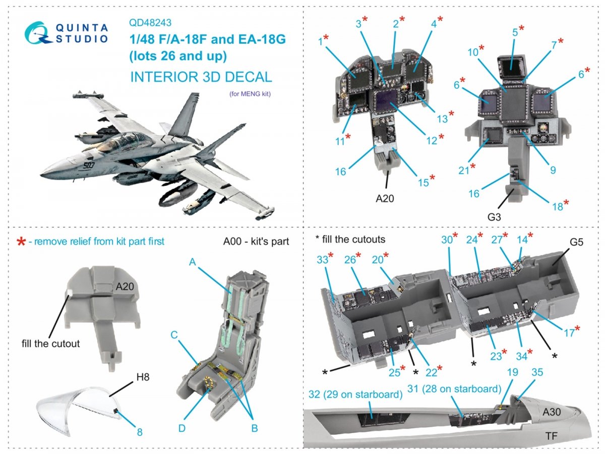 Quinta Studio QD48243 F/A-18F late / EA-18G 3D-Printed &amp;amp; coloured Interior on decal paper ( Meng ) 1/48 – immagine 2
