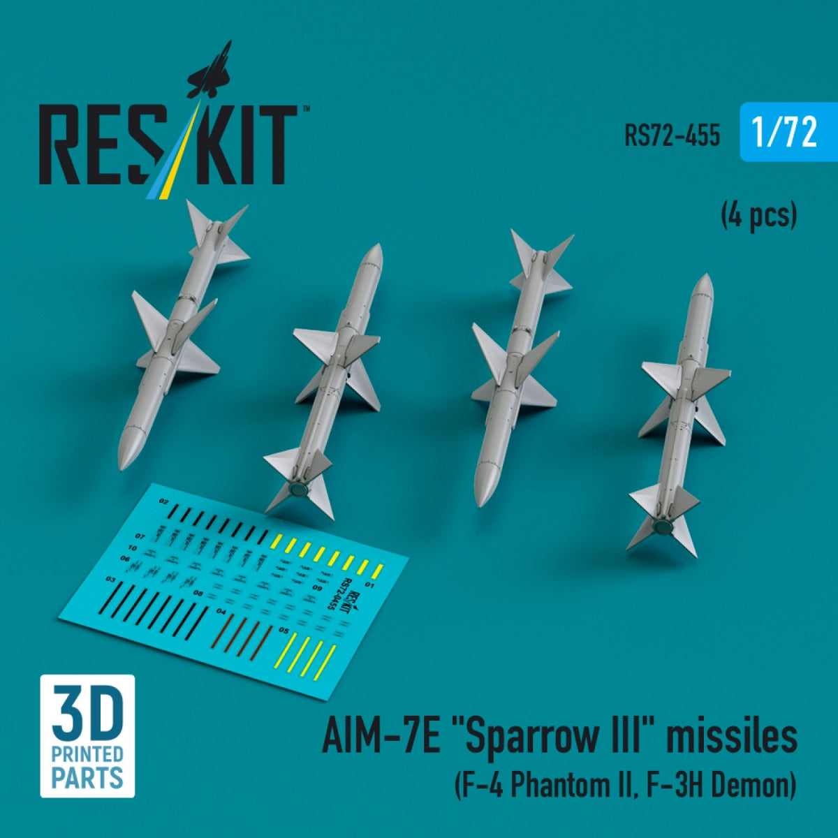Missiles RESKIT RS72-0455 AIM-7E « Sparrow III » (4 pièces) (Impression 3D) 1/72