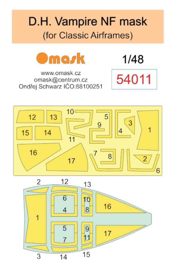 Omask 54011 DH Vampire mask (for Classic Airframes) 1/48