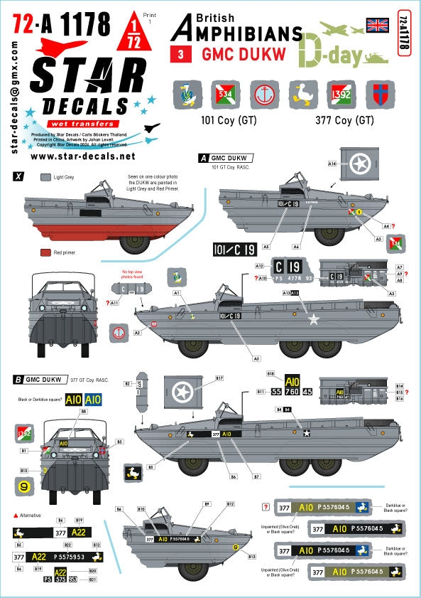 Star Decals 72-A1178 D-Day DUKW. British Amphibians # 3. 101 Coy (GT) and 377 Coy (GT) RASC. 1/72