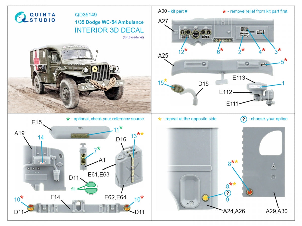 Quinta Studio QD35149 Dodge WC-54 Ambulance 3D-Printed &amp;amp; coloured Interior on decal paper (Zvezda) 1/35 – Bild 2