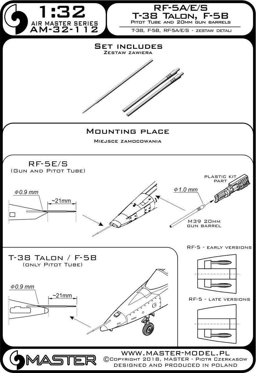 Master AM-32-112 T-38 Talon / F-5B / RF-5A, E, S - Rurka Pitota i lufy działek 20mm 1/32 – immagine 3