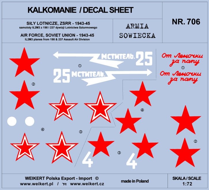 Weikert Decals DEC706 Armia sowiecka - samoloty IŁ2M3 z 198 & 237 dywizji Lotnictwa Szturmowego 1/72