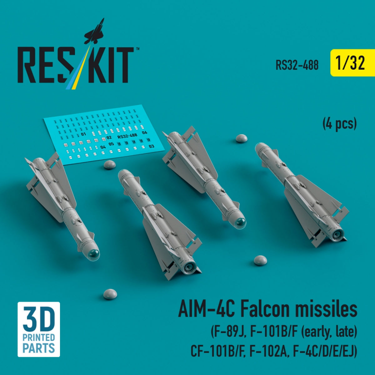RESKIT RS32-0488 AIM-4C Falcon missiles (4 pcs) (3d Printed) 1/32