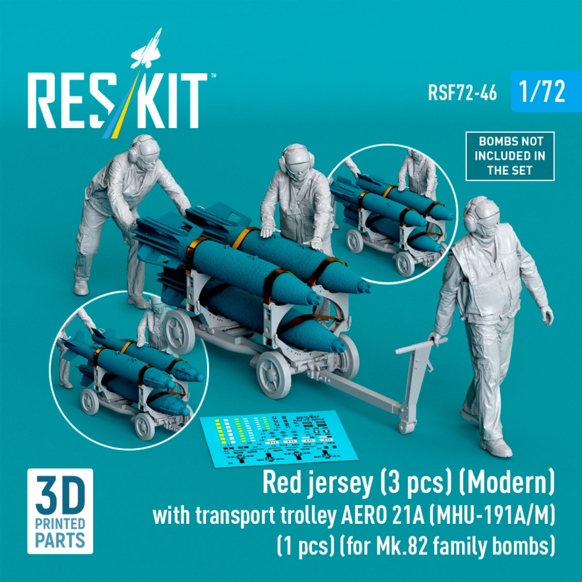 RESKIT RSF72-0046 Red jersey (3 pcs) (Modern) with transport trolley AERO 21A (MHU-191A/M) (1 pcs) (for Mk.82 family bombs) (3D Printed) 1/72