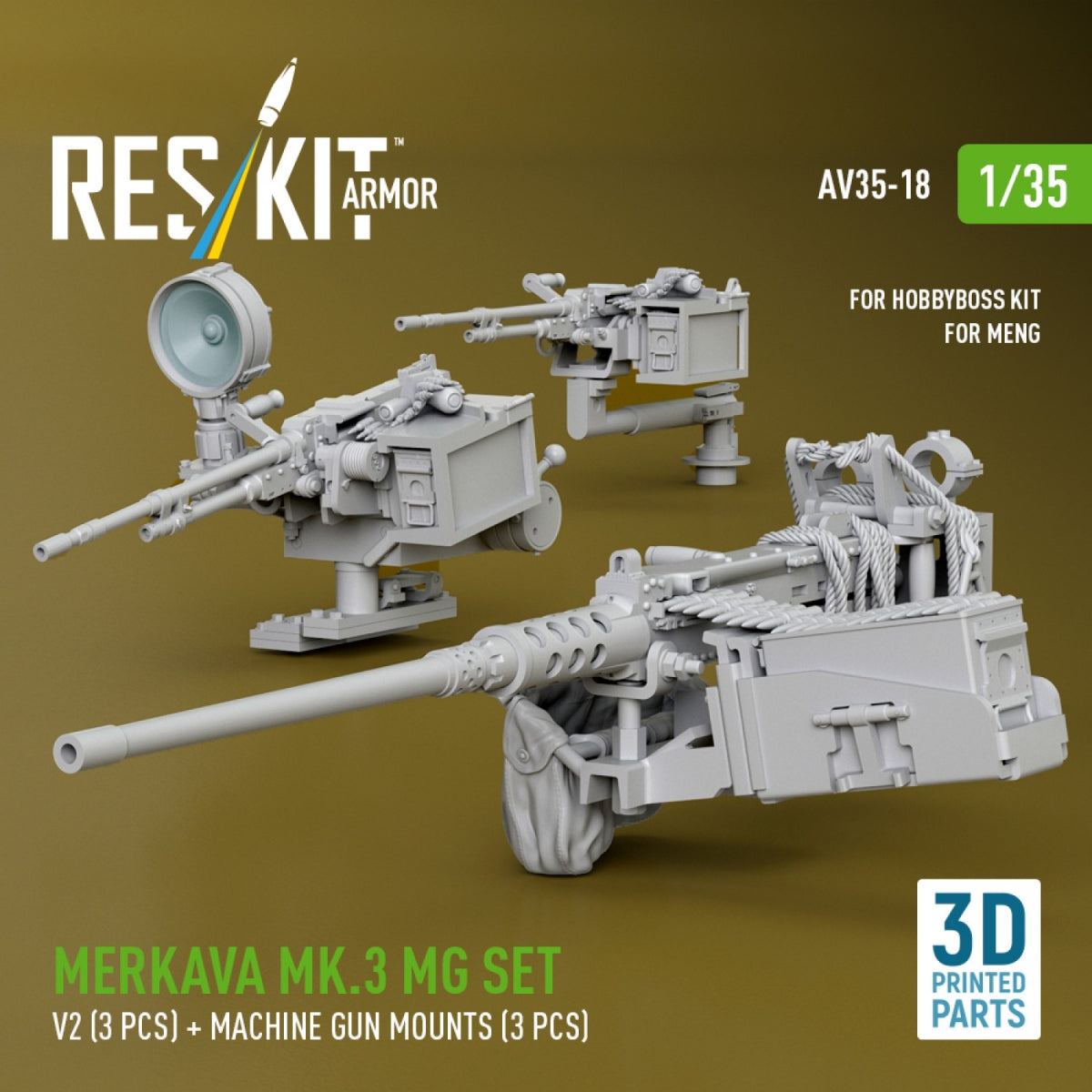 RESKIT AV35-0018 Merkava Mk.3 MG set, V2 (3 pcs) + machine gun mounts (3 pcs) for Meng/HobbyBoss kit (3D Printed) 1/35