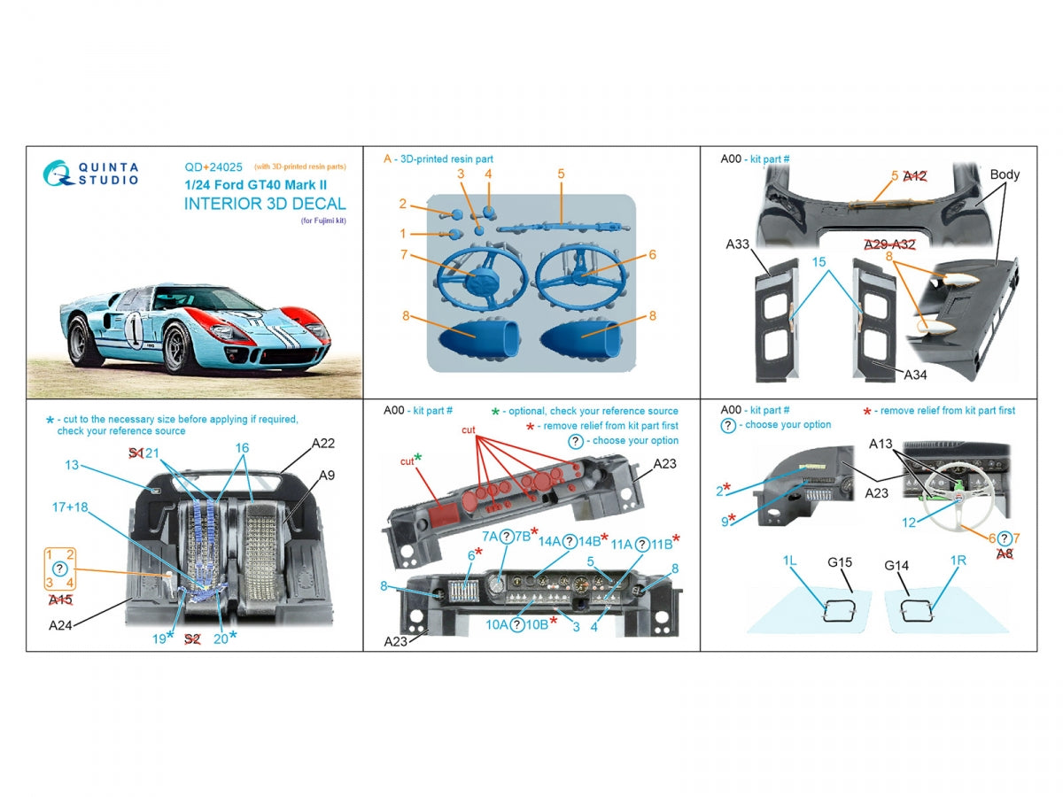Quinta Studio QD+24025 Ford GT40 Mark II 3D-Printed &amp; coloured Interior on decal paper (Fujimi) (with 3D-printed resin parts) 1/24