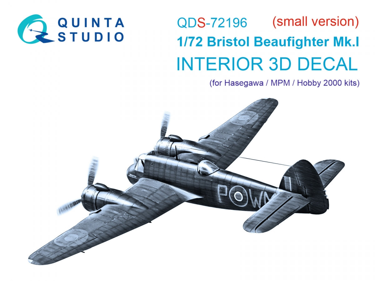 Intérieur imprimé en 3D et coloré sur papier décalcomanie Quinta Studio QDS-72196 Bristol Beaufighter Mk.I (Hasegawa/MPM/Hobby2000) (petite version) 1/72