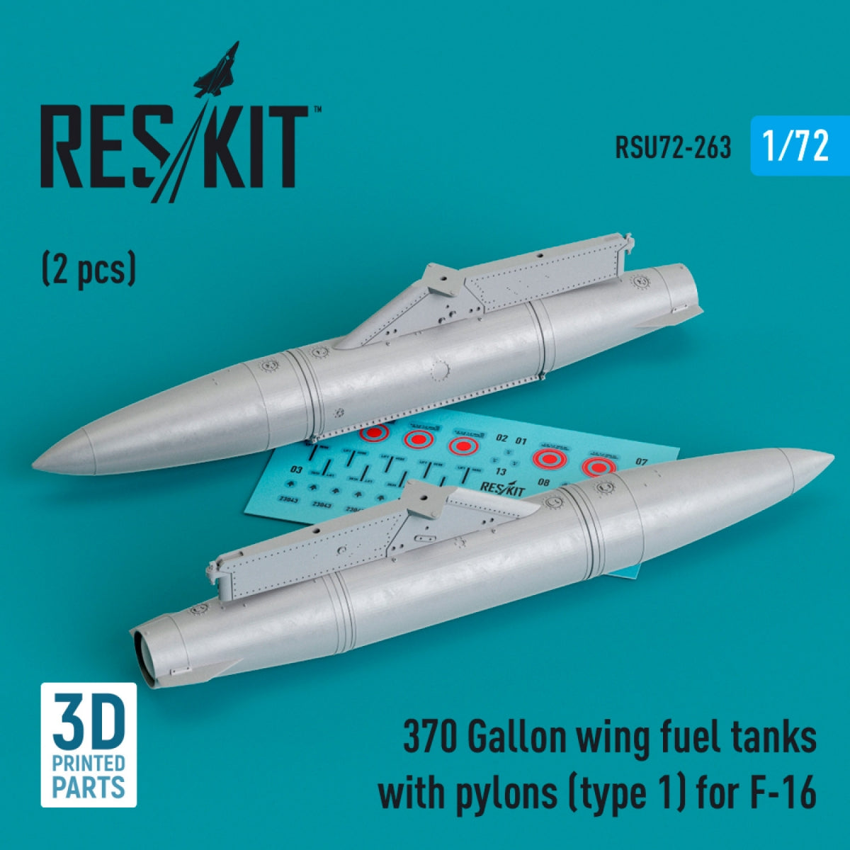Réservoirs de carburant d'aile RESKIT RSU72-0263 de 370 gallons avec pylônes (type 1) pour F-16 (2 pièces) (Impression 3D) 1/72