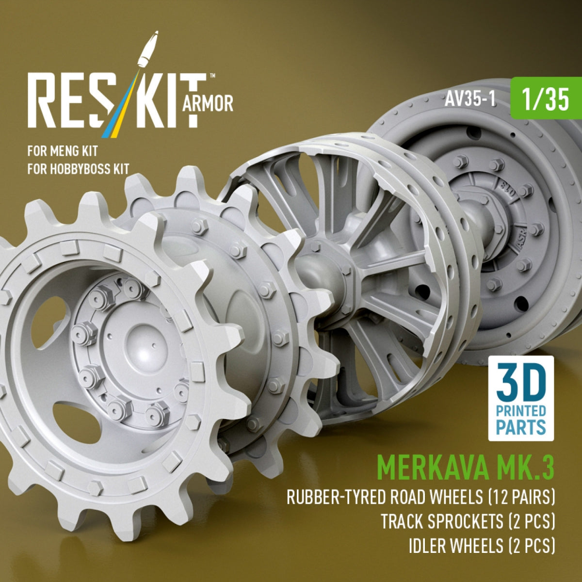 RESKIT AV35-0001 Merkava Mk.3 rubber-tyred road wheels (12 pairs), track sprockets (2 pcs), idler wheels (2 pcs) for Meng/HobbyBoss kit (3D Printed) 1/35