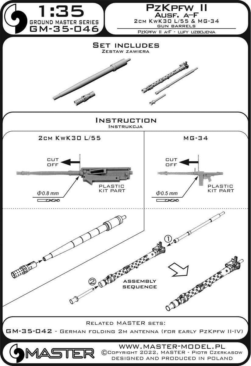 Master GM-35-046 PzKpfw II Ausf. a–F - 2cm KwK30 L/55 &amp;amp; MG-34 gun barrels (for IBG, Dragon and other kits) 1/35 – immagine 11