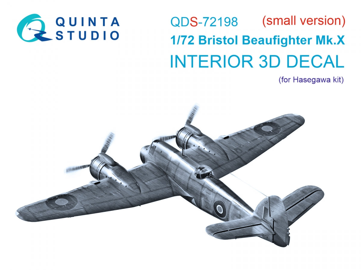 Quinta Studio QDS-72198 Bristol Beaufighter Mk.X 3D-Printed &amp;amp; coloured Interior on decal paper (Hasegawa) (small version) 1/72