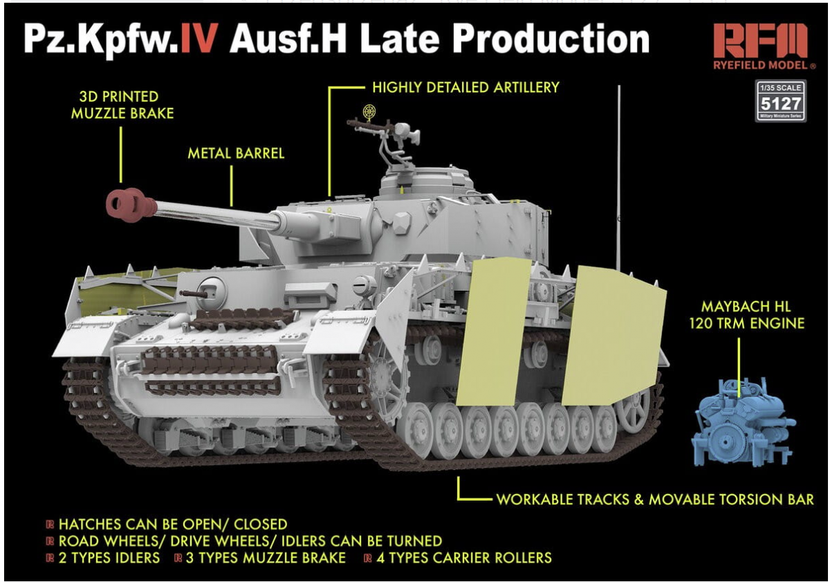 Rye Field Model 5127 Sd.Kfz.161/1 Panzerkampfwagen IV Ausf. H Late Production (w/engine &amp;amp; workable track links) 1/35 – immagine 2