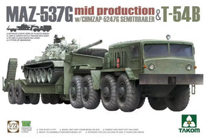 Maquette Takom 5013 MAZ-537G en milieu de production avec semi-remorque CHMZAP-5247G et T-54B au 1/72