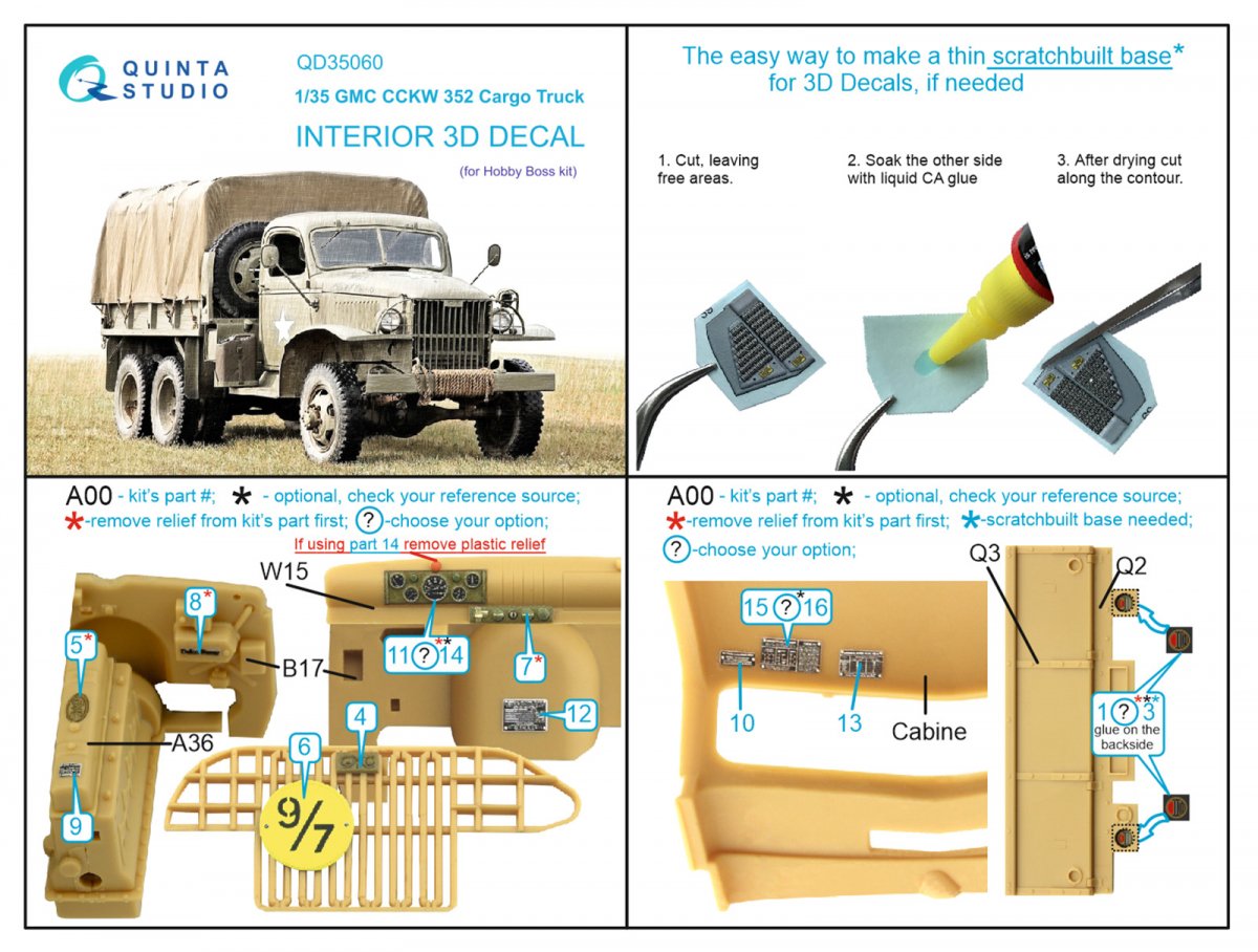 Quinta Studio QD35060 GMC CCKW 352 Cargo Truck 3D-Printed &amp;amp; coloured Interior on decal paper (HobbyBoss) 1/35 – immagine 7