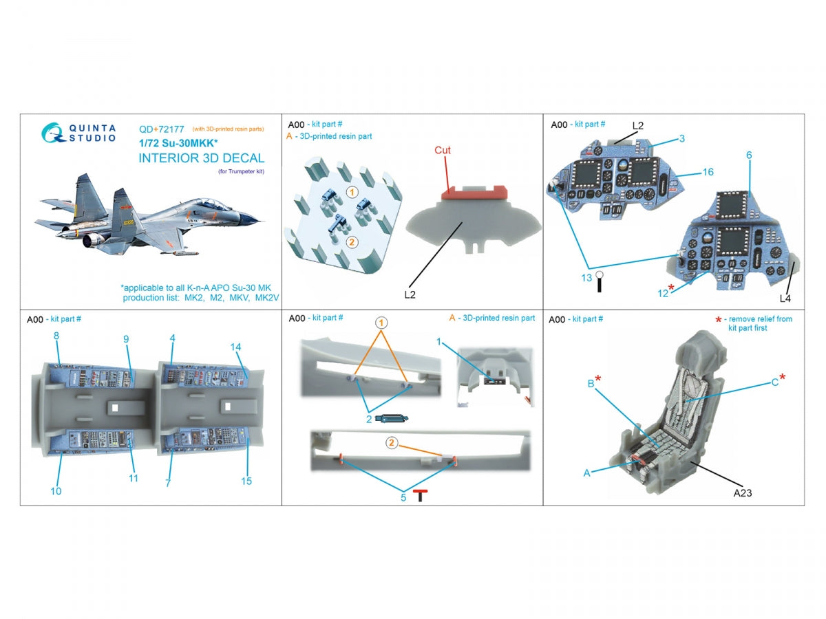 Quinta Studio QD+72177 Su-30MKK 3D-Printed &amp;amp; coloured Interior on decal paper (Trumpeter) (with 3D-printed resin part) 1/72 – immagine 2