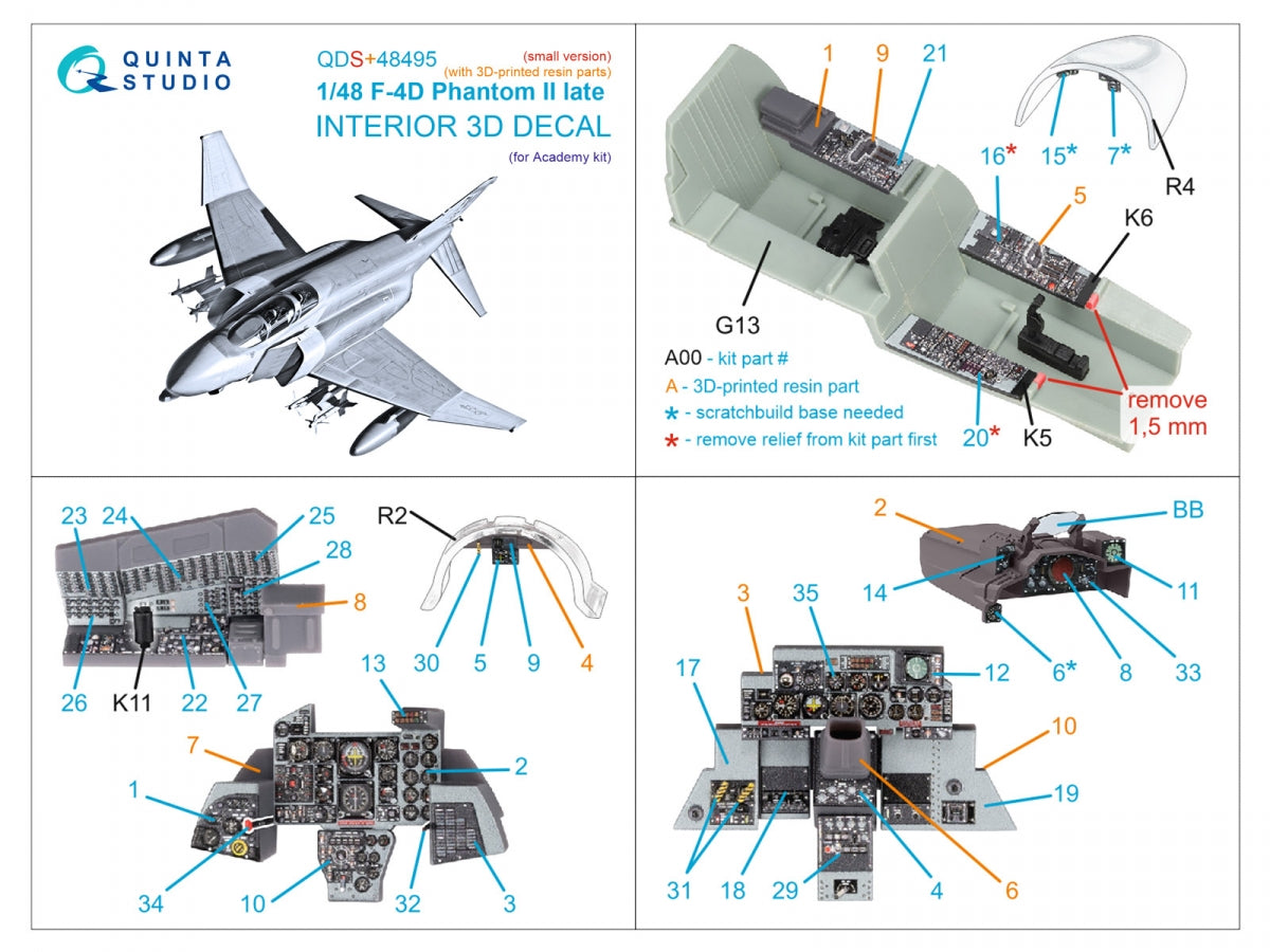 Quinta Studio QDS+48495 F-4D late Phantom II 3D-Printed &amp;amp; coloured Interior on decal paper (Academy) (Small version) (with 3D-printed resin parts) 1/48 – immagine 3