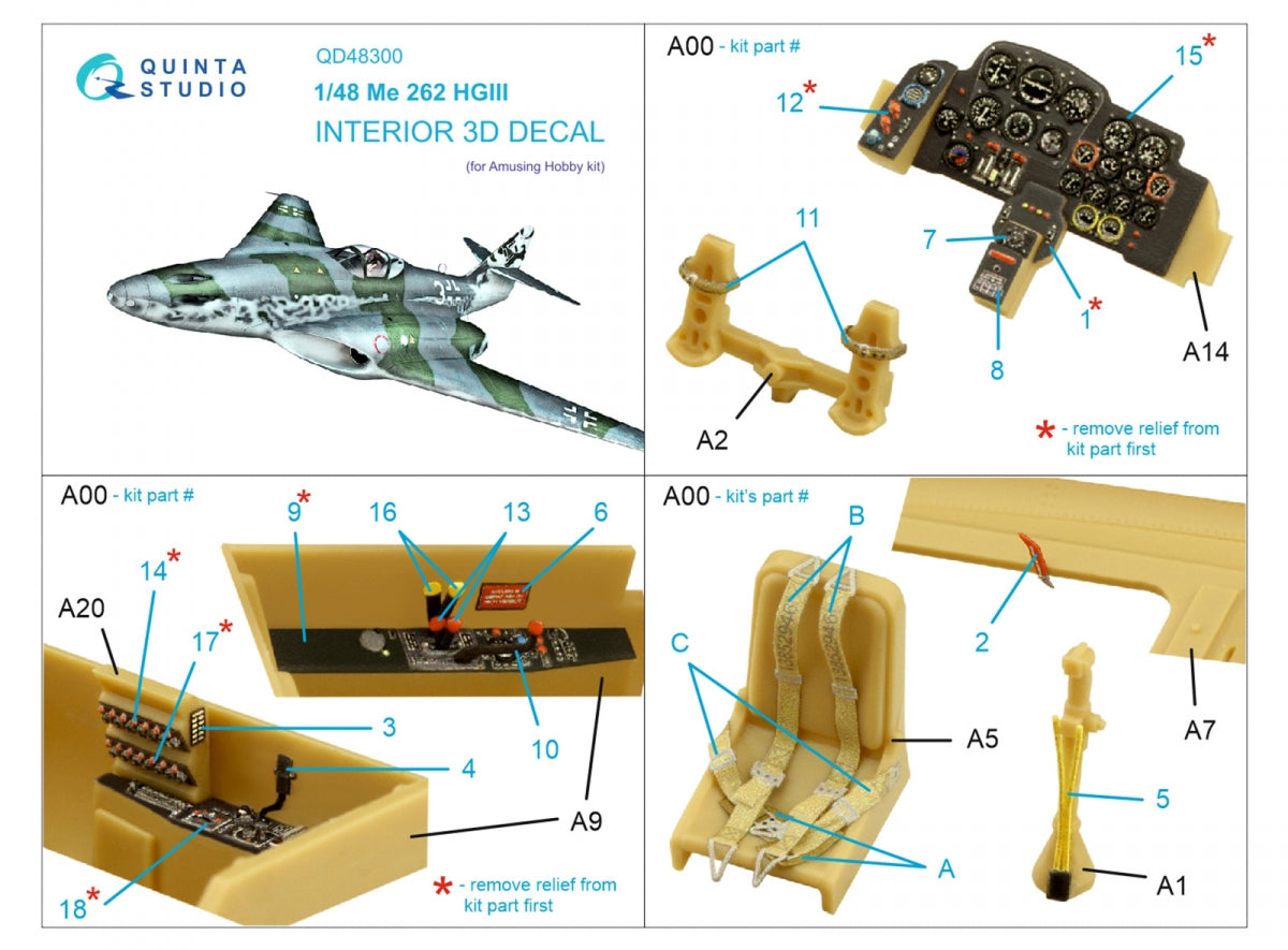 Quinta Studio QD48300 Me 262 HGIII 3D-Printed coloured Interior on decal paper (Amusing Hobby) 1/48 – immagine 2