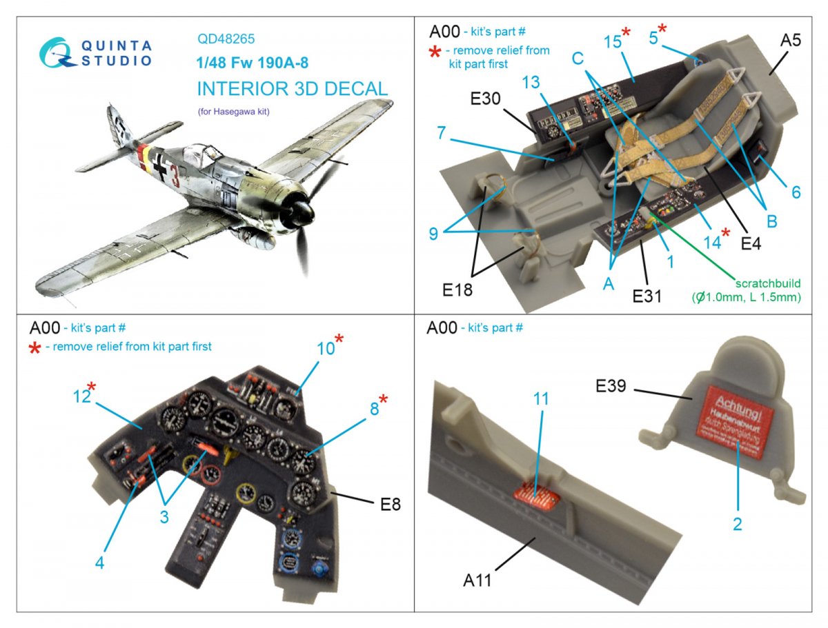 Quinta Studio QD48265 Fw 190A-8 3D-Printed &amp;amp; coloured Interior on decal paper ( Hasegawa ) 1/48 – Bild 2