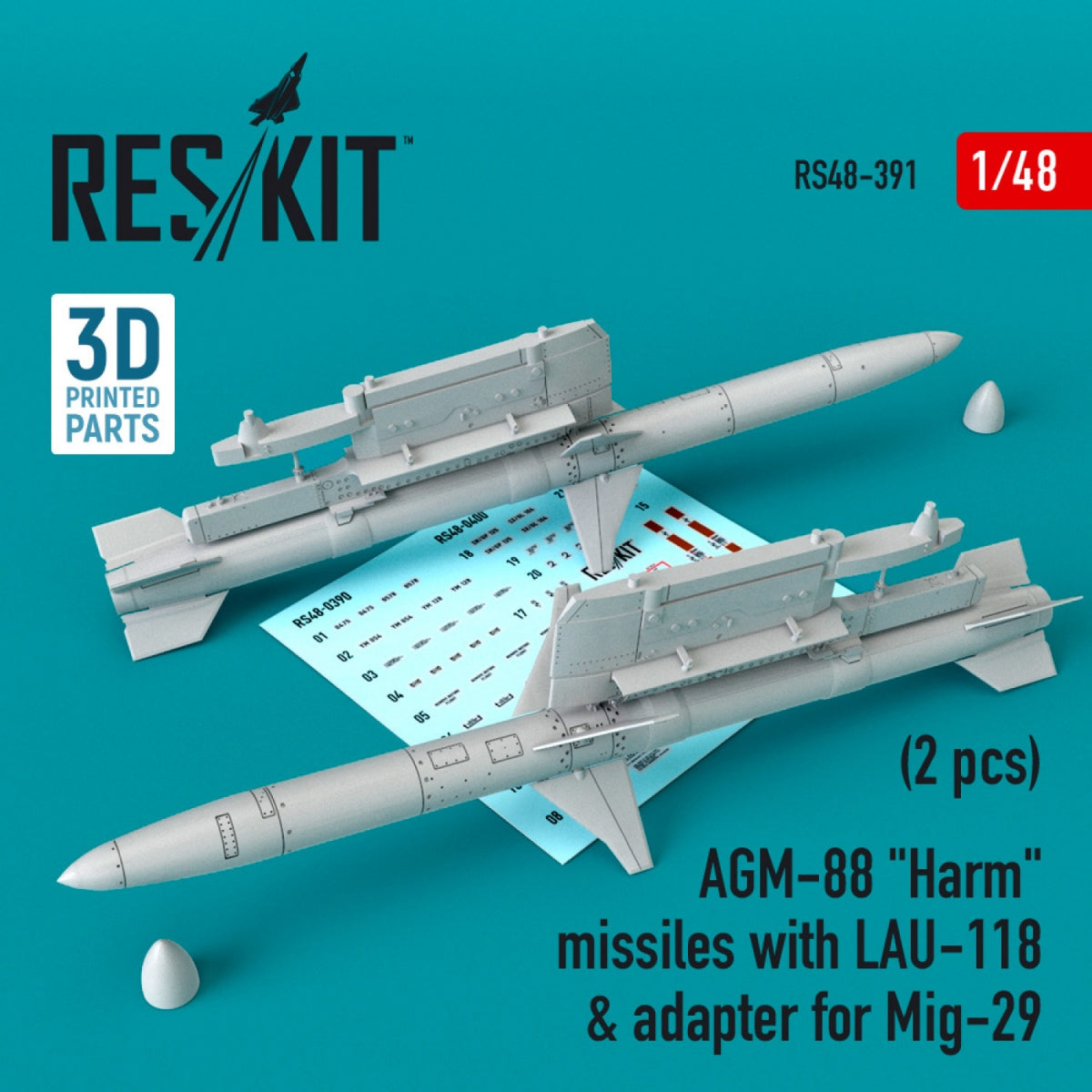 RESKIT RS48-0391 AGM-88 "HARM" MISSILES WITH LAU-118 &amp; ADAPTER FOR MIG-29 (2 PCS) 1/48