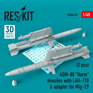 RESKIT RS48-0391 MISSILES AGM-88 « HARM » AVEC LAU-118 ET ADAPTATEUR POUR MIG-29 (2 PIÈCES) 1/48