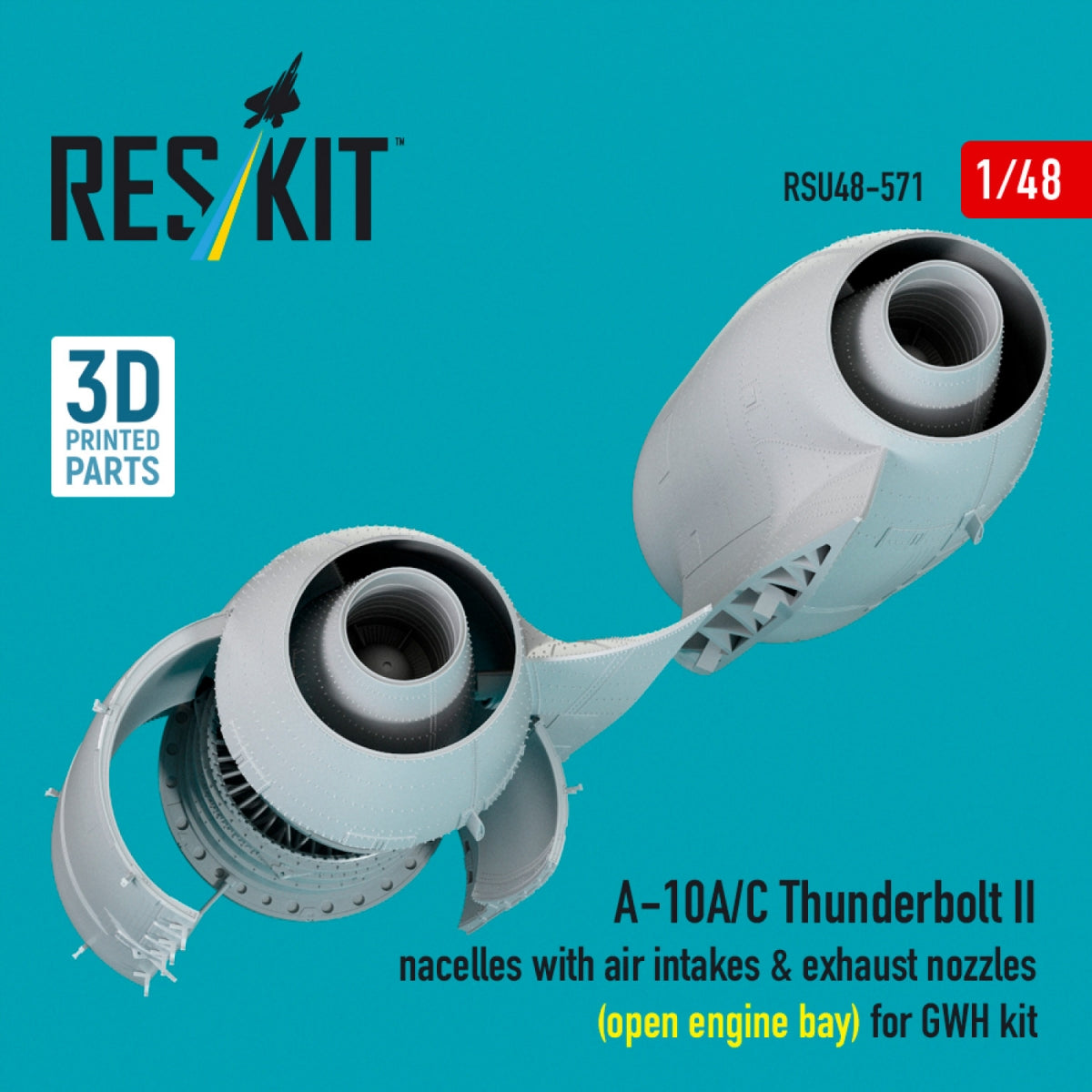 RESKIT RSU48-0571 A-10A/C Thunderbolt II nacelles with air intakes &amp; exhaust nozzles (open engine bay) for GWH kit (3D Printed) 1/48