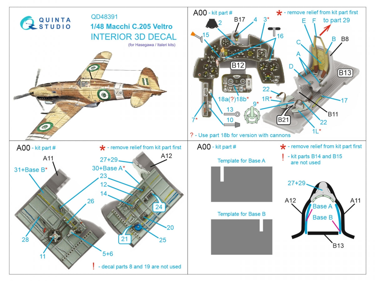 Quinta Studio QD48391 Macchi C.205 Veltro 3D-Printed &amp;amp; coloured Interior on decal paper (Hasegawa/Italeri) 1/48 – zdjęcie 2
