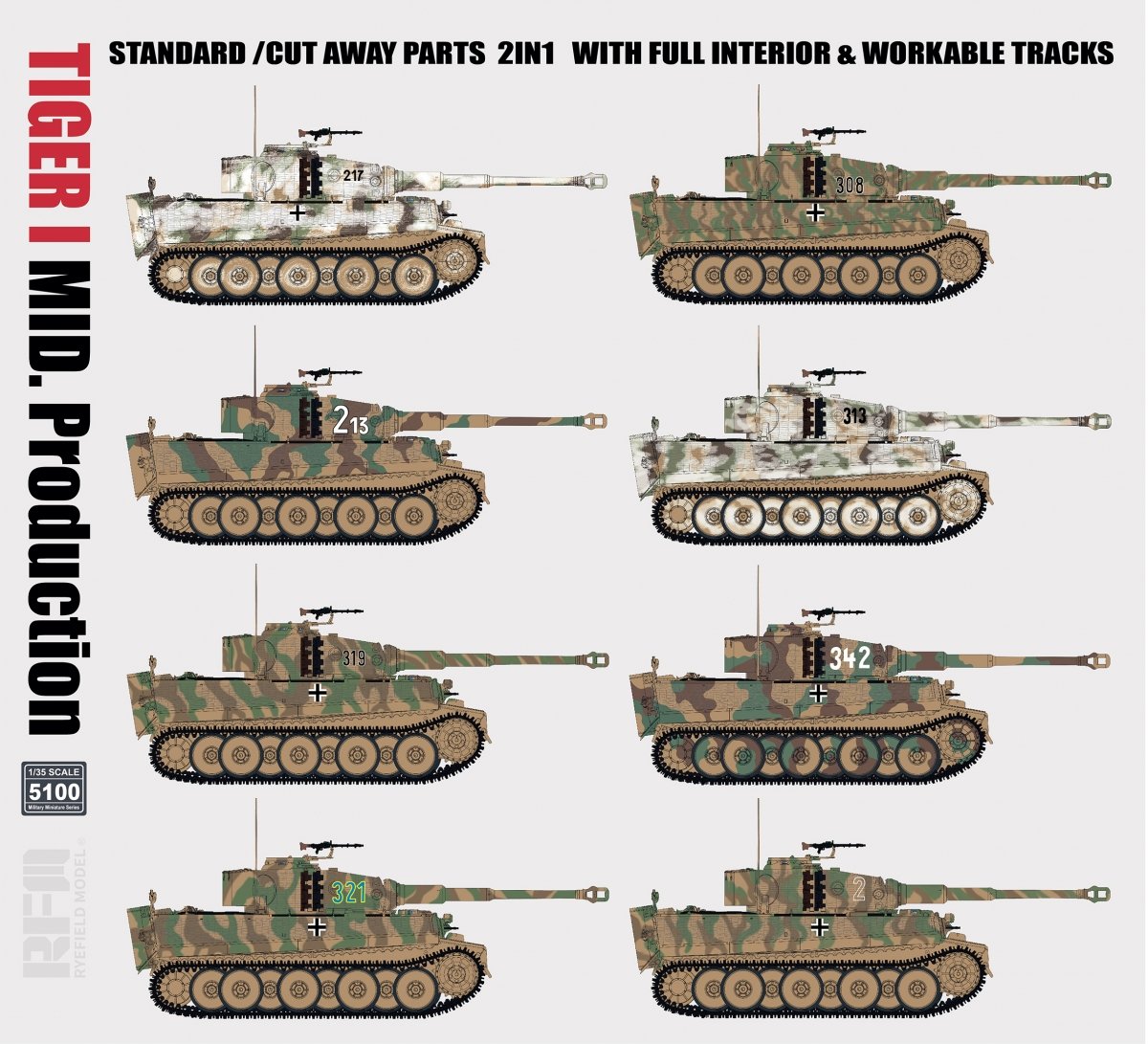 Rye Field Model 5100 TIGER I MID.Production STANDARD/CUT AWAY PARTS 2 IN 1 WITH FULL INTERIOR&amp;amp;WORKABLE TRACKS 1/35 – zdjęcie 5