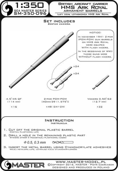 Master SM-350-096 HMS Ark Royal armament barrels - 4.5in (16pcs), 40mm POM-POM (48pcs), Vickers .50cal (32pcs) 1/350 – imagen 3
