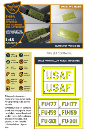 Clear Prop! CPA48068 F-86A pre-cut patterns for numbers and letteringpainting mask on &amp;quot;yellow kabuki paper&amp;quot; for CP4824 kit 1/48 – imagen 2