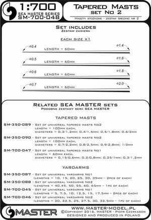 Master SM-700-048 Set of universal tapered masts No2 (length = 60mm each, diameters = 0,4/1,4mm; 0,5/1,6mm; 0,6/1,8mm; 0,7/2mm) 1/700 – immagine 3