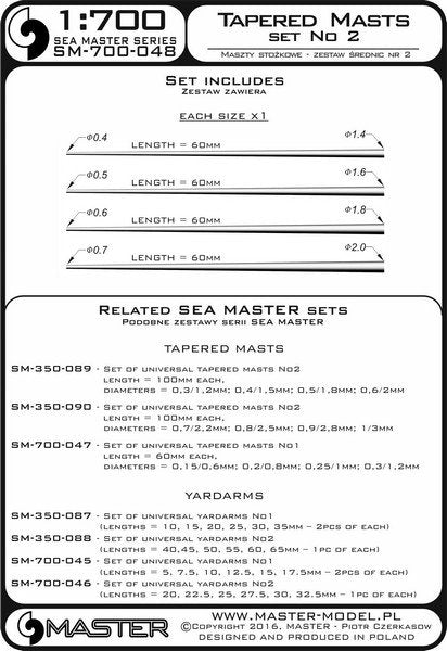 Master SM-700-048 Set of universal tapered masts No2 (length = 60mm each, diameters = 0,4/1,4mm; 0,5/1,6mm; 0,6/1,8mm; 0,7/2mm) 1/700 – immagine 3