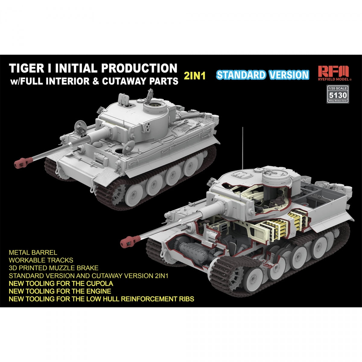 Maquette Rye Field Model 5130 Tiger I, production initiale début 1943, intérieur complet, version standard, échelle 1/35