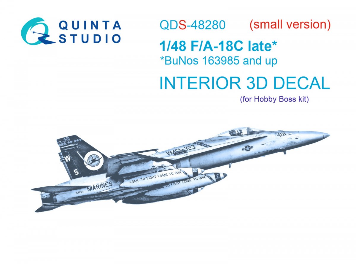 Quinta Studio QDS-48280 F/A-18C late 3D-Printed &amp;amp; coloured Interior on decal paper (HobbyBoss)(Small version) 1/48