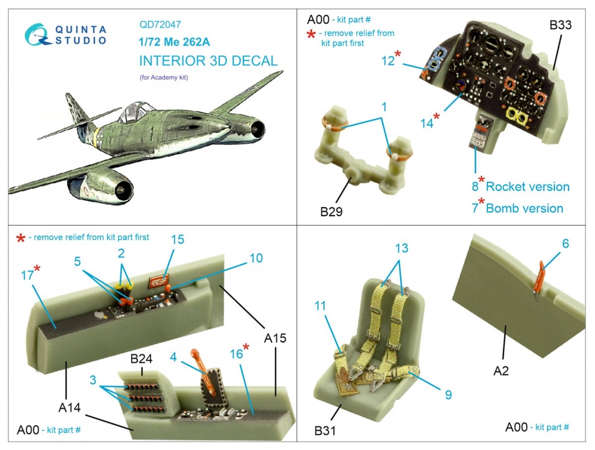Quinta Studio QD72047 Me-262A 3D-Printed &amp;amp; coloured Interior on decal paper (Academy) 1/72 – Bild 2