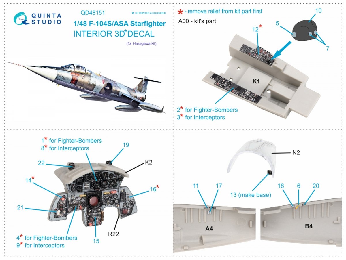 Quinta Studio QD48151 F-104S-ASA 3D-Printed &amp;amp; coloured Interior on decal paper (Hasegawa) 1/48 – immagine 2