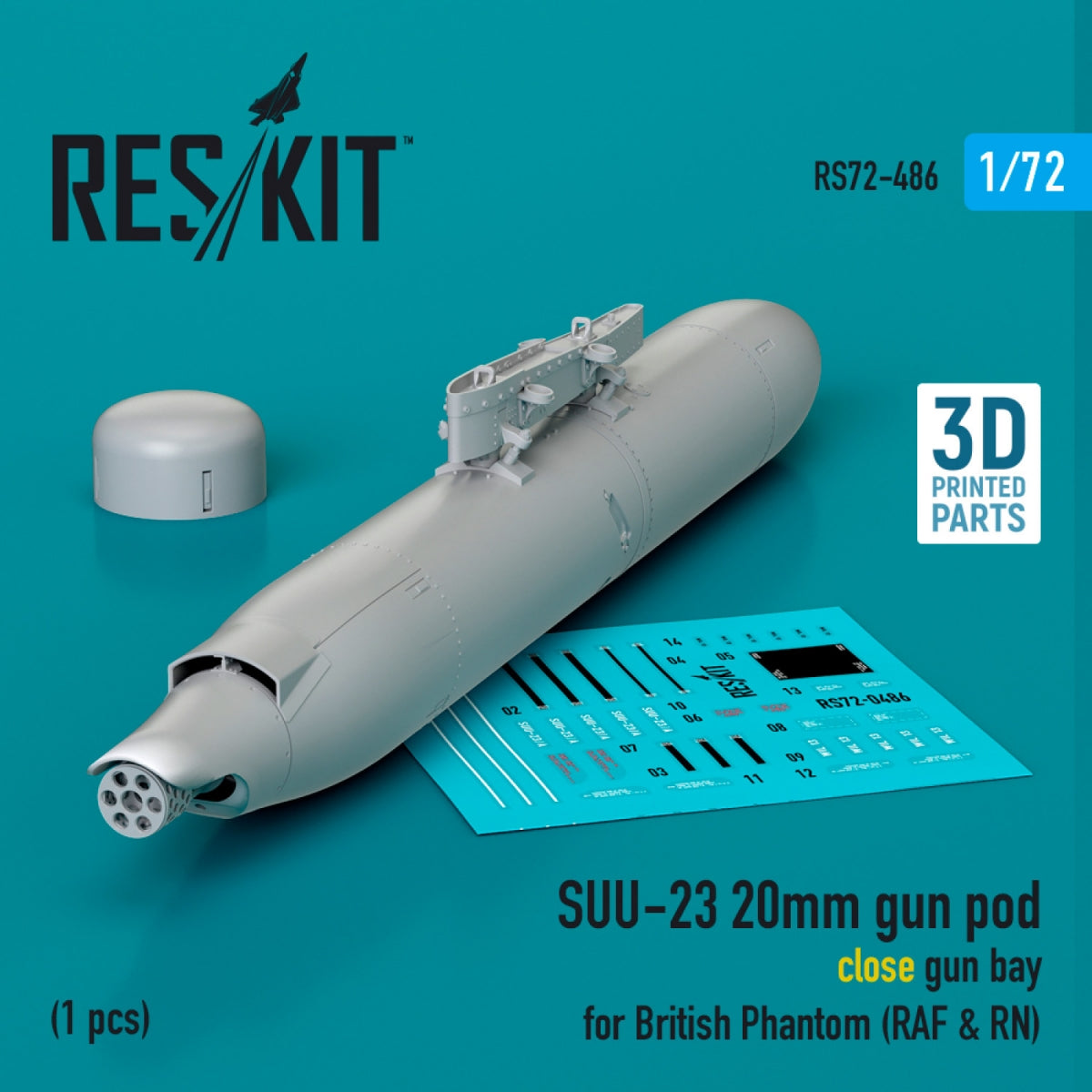 RESKIT RS72-0486 SUU-23 20mm gun pod (close gun bay) for British Phantom (RAF &amp;amp; RN) (1 pcs) (3D Printed) 1/72