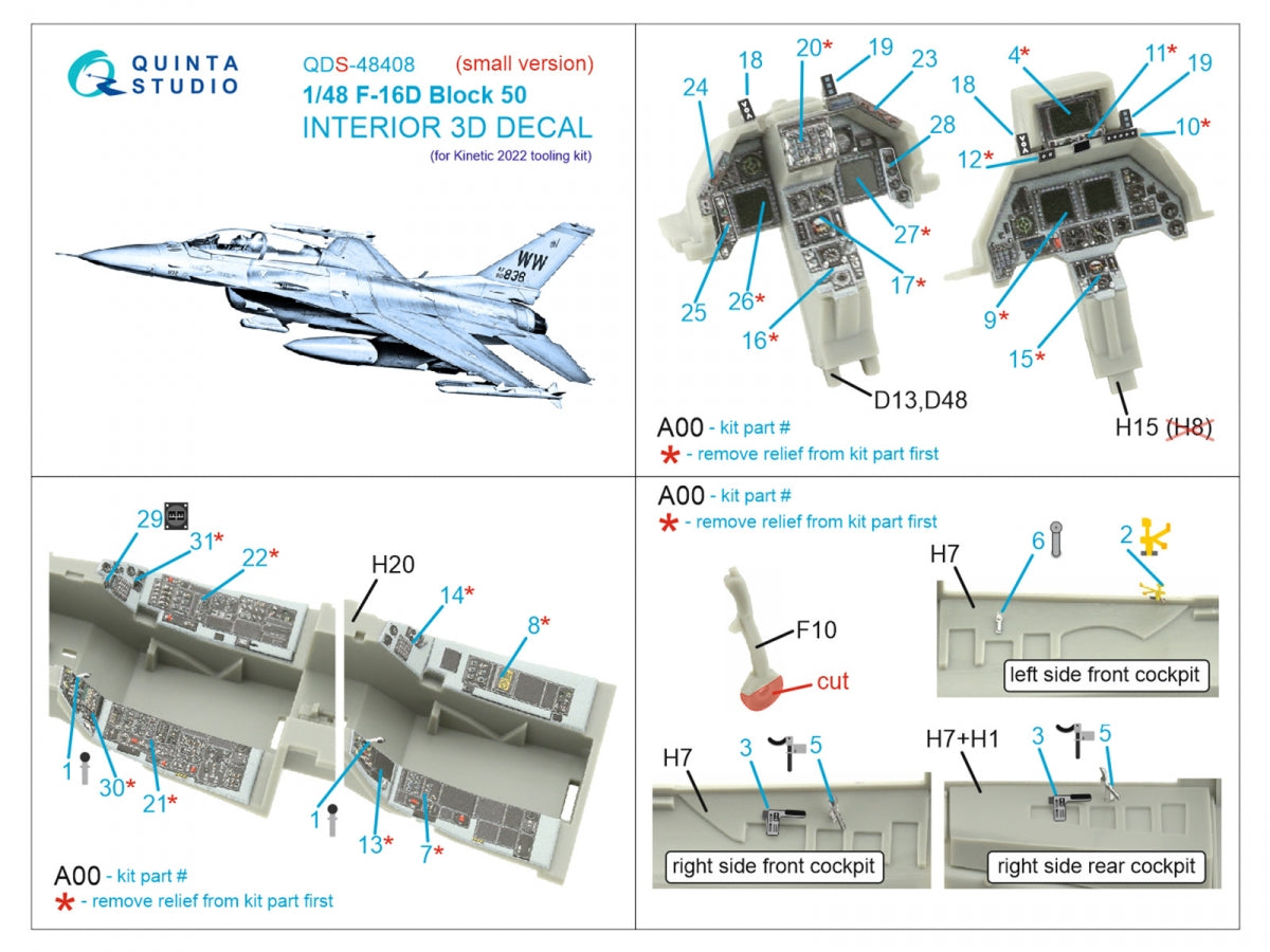 Quinta Studio QDS-48408 F-16D block 50 3D-Printed &amp;amp; coloured Interior on decal paper (Kinetic 2022 tool) (small) 1/48 – zdjęcie 2